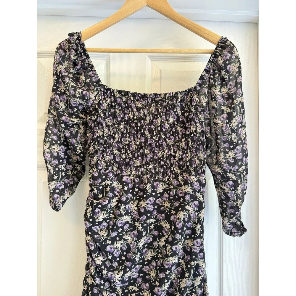ASTR the Label Mini Dress M Black Purple‎ Floral Ruched Ruffle Smocked